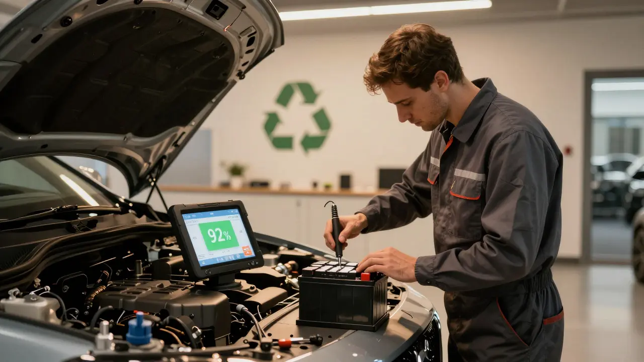 Technician installing hybrid battery in Volvo service center with diagnostic tablet.