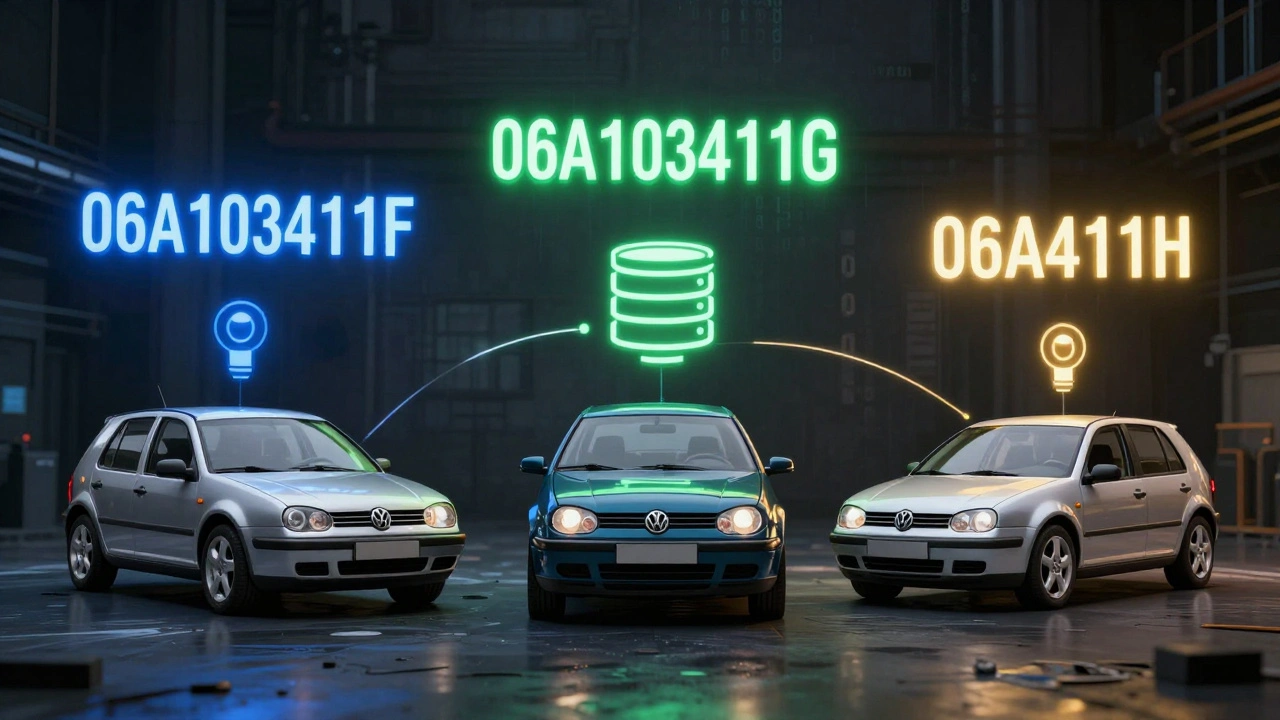 Tři stejné auta s různými OEM kódy visícími nad nimi, spojené světelnými čárami s databází.