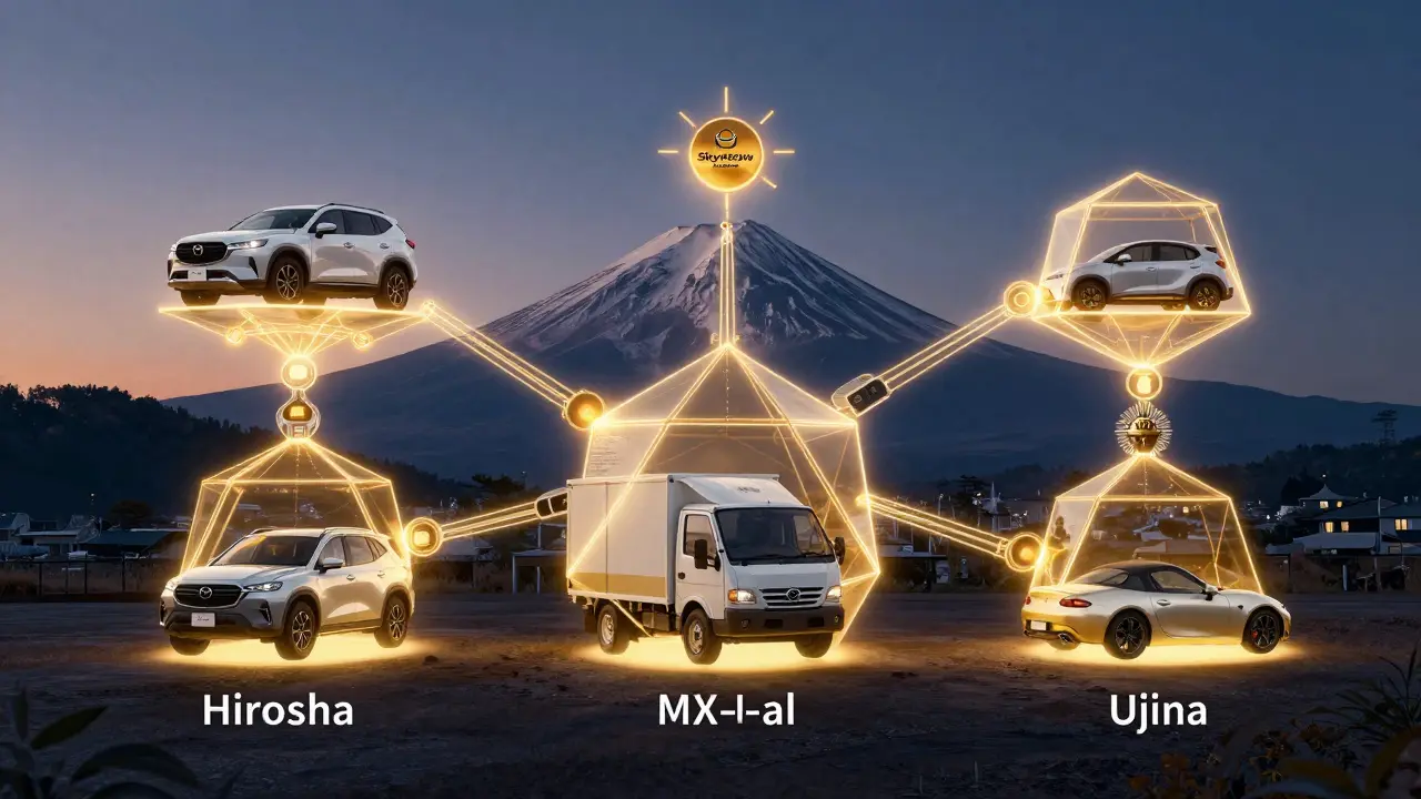 Tři továrny Mazdy v Japonsku symbolizované světlými strukturami s různými modely aut.