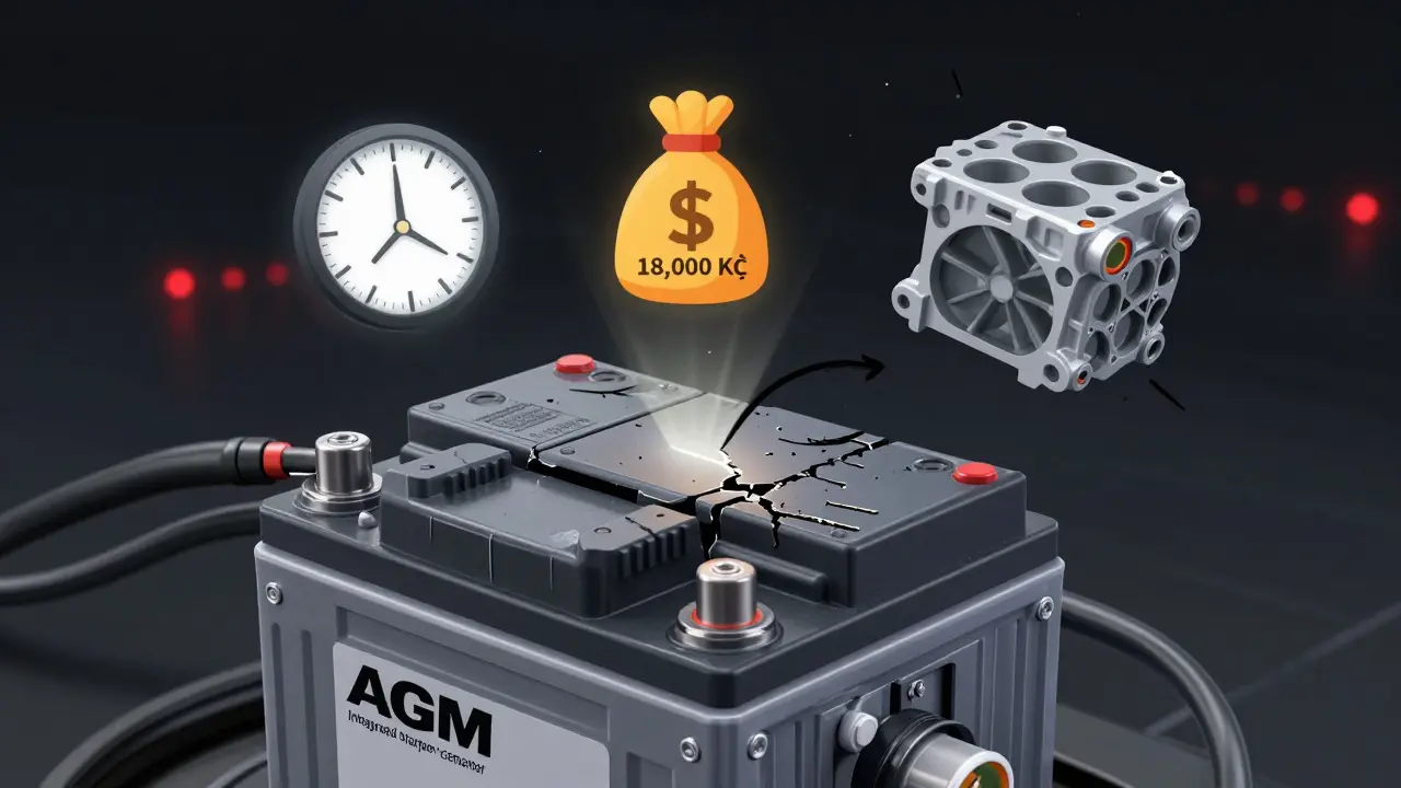 Vnitřní část ISG systému a vyčerpaná AGM baterie s ukazateli věku a nákladů na výměnu.