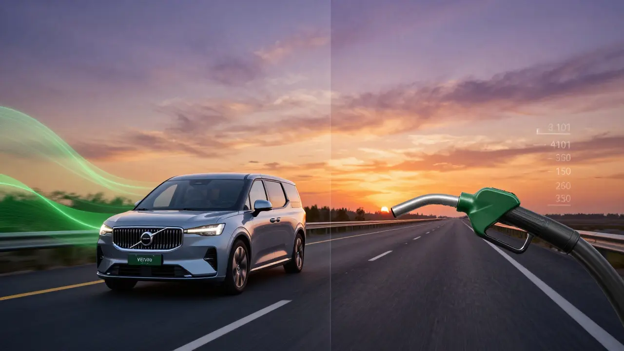 Volvo Recharge na dálnici: levá strana jede na elektřině, pravá strana zapíná benzínový motor při záři západu.