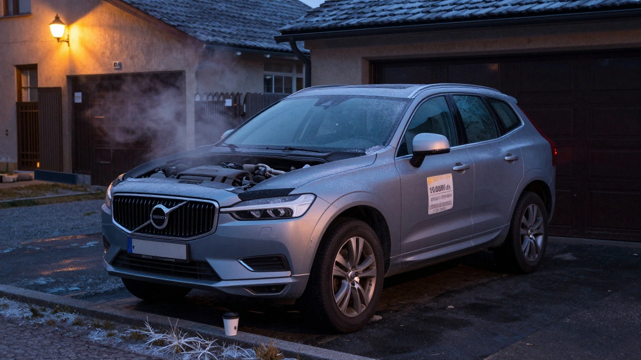 Volvo XC60 parked in winter with frost on windshield, symbolizing neglected maintenance.