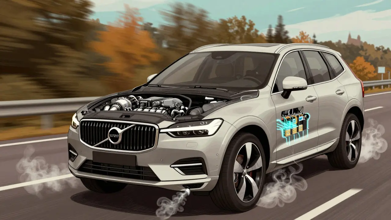 Volvo XC60 T8 Recharge s průhledným hybridním motorem a elektromotory.