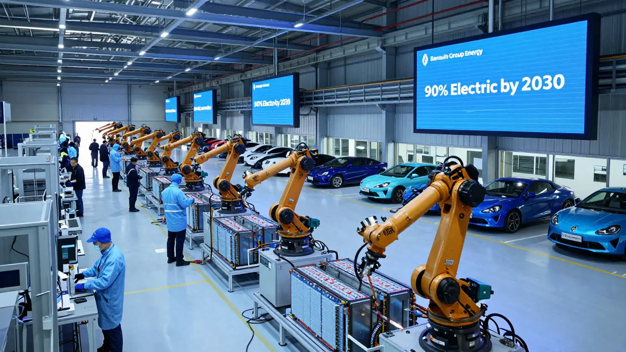 Výrobní linka baterií ve fabrice Verkor ve Francii s roboty a elektrickými vozy na pozadí.