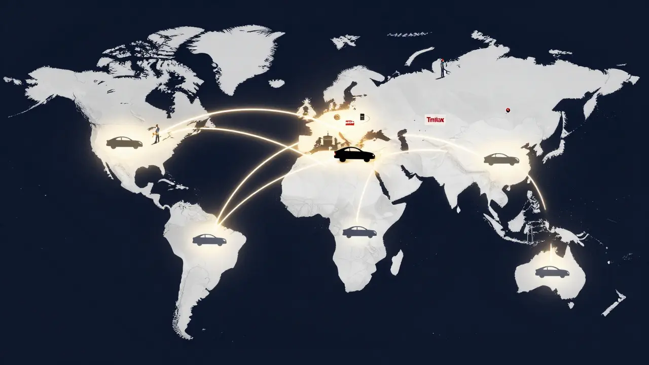 Globální síť výroby Nissanu s propojeními mezi Japonskem, Španělskem, Čínou a Českou republikou.