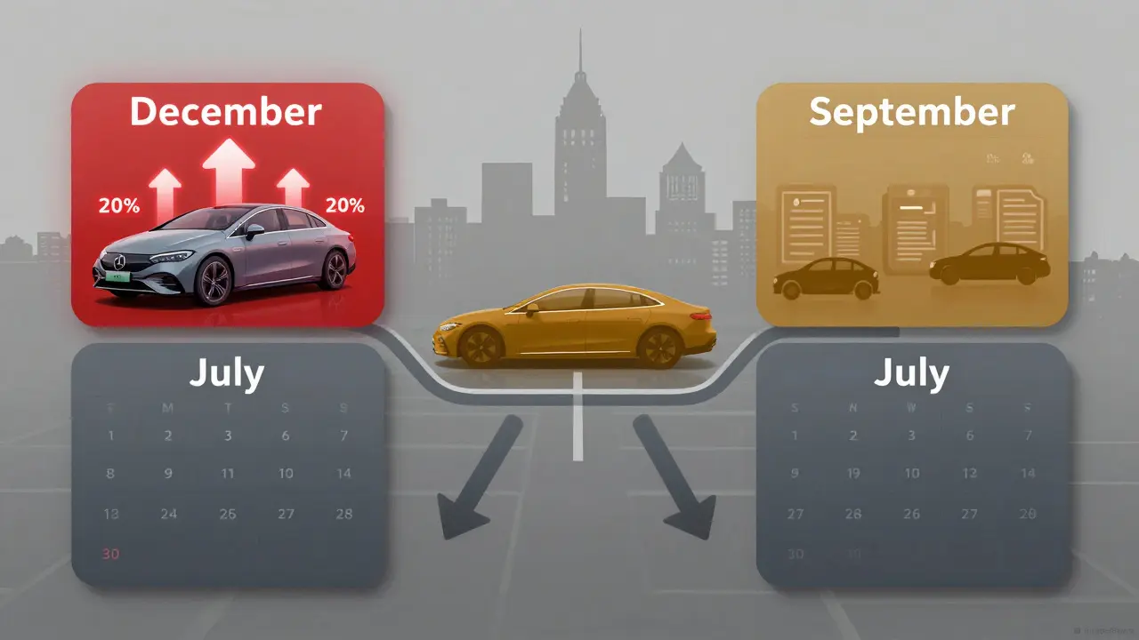 Kalendář s obdobími roku ukazující nejvýhodnější časy pro nákup Mercedesu.
