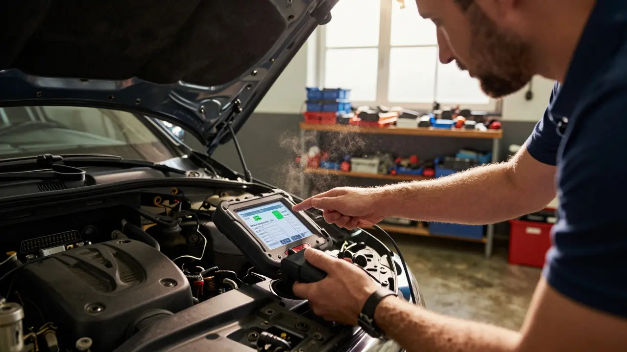 Muž kontroluje Mercedes E-Class pomocí diagnostického přístroje v garáži.