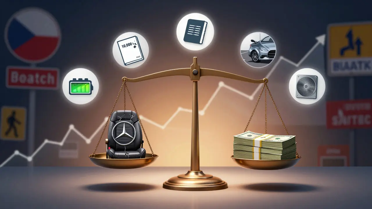 Váha s automobilovým emblémem a penězi, kolem ní faktory ovlivňující cenu.