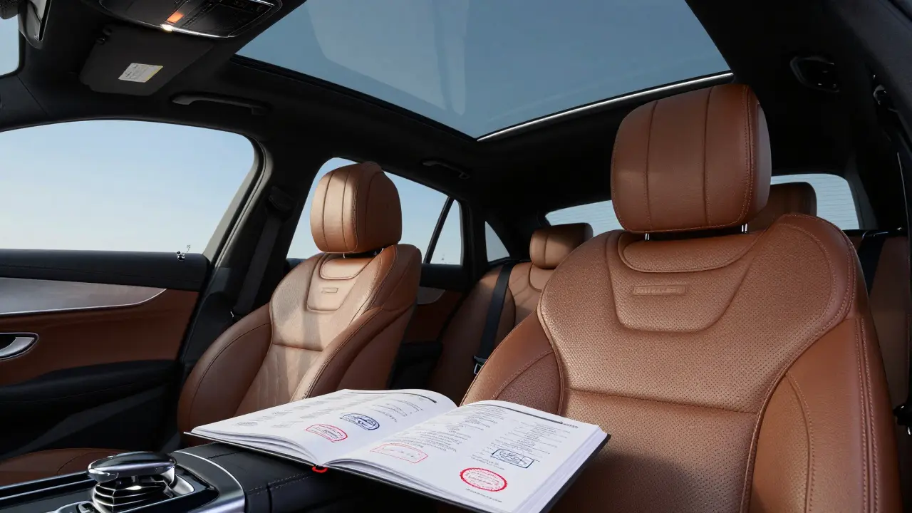 Detail luxusního interiéru Mercedes-Benz s otevřenou servisní knížkou.