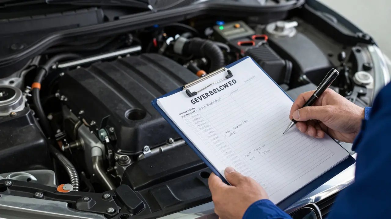 Detail motoru auta a servisní knižky při kontrole údržby.