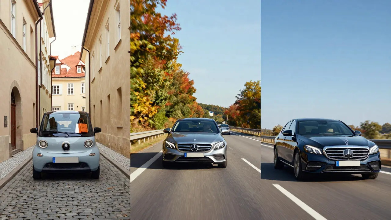 Koláž tří typů řidičů: městského, pendlera a obchodníka na dálnici.