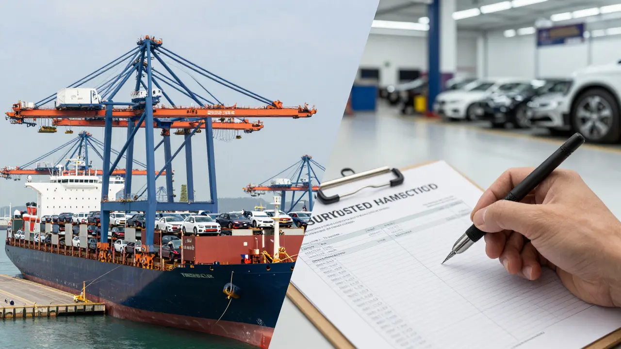 Kolaž znázornující americký přepravní přístav a německý servisní center.