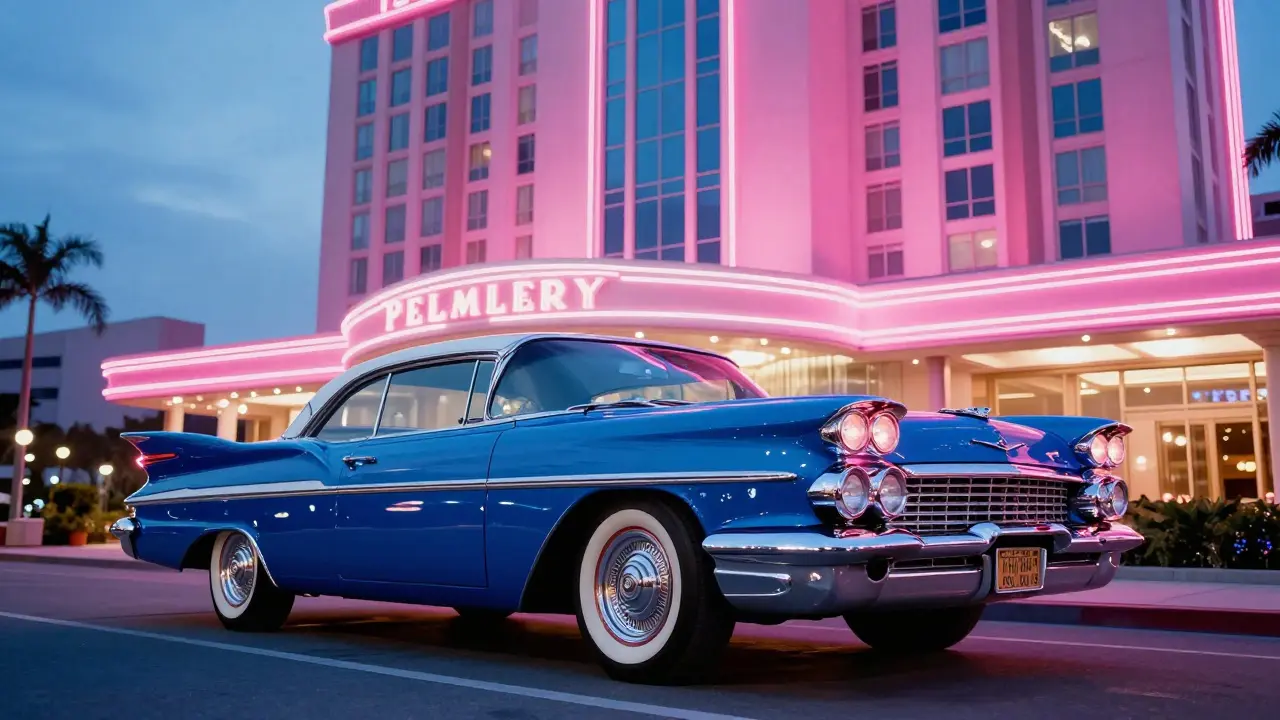 Luxusní Chrysler Imperial z 50. let s výrazným chromem a ploutvami.