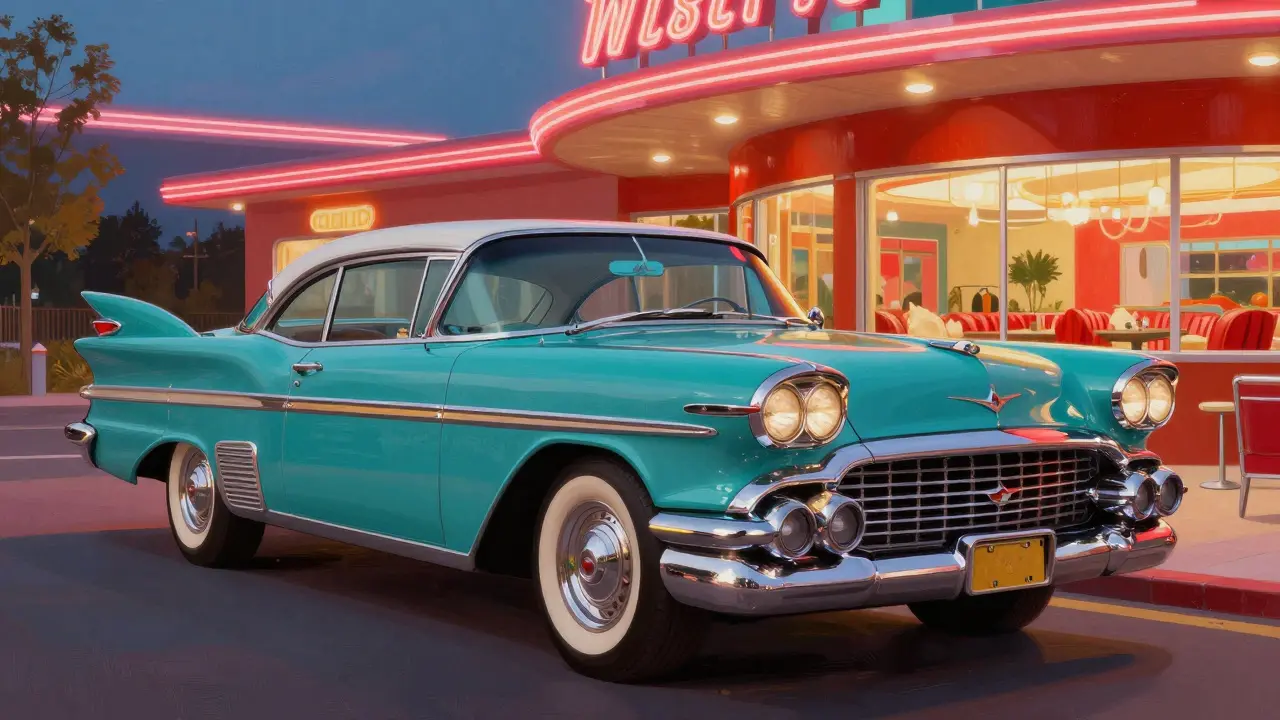 Luxusní Chrysler z 50. let s chromovými ploutvami před retro dinerem.