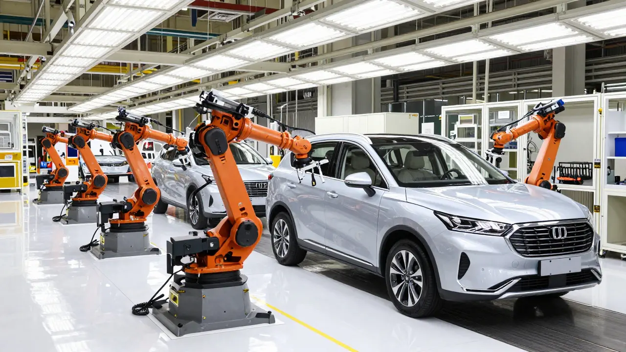 Moderní automobilová montážní linka s precizními robotickými rameny v čisté továrně.