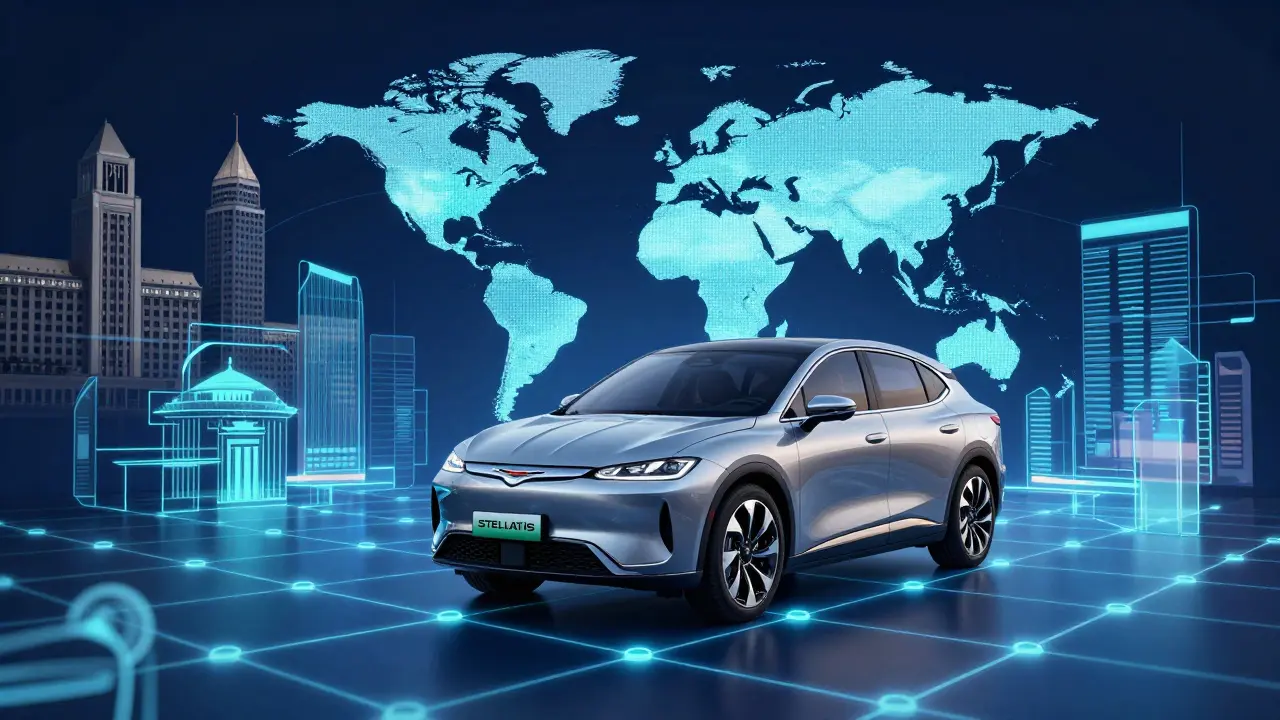 Moderní elektrický Chrysler v technologickém prostředí symbolizujícím Stellantis.