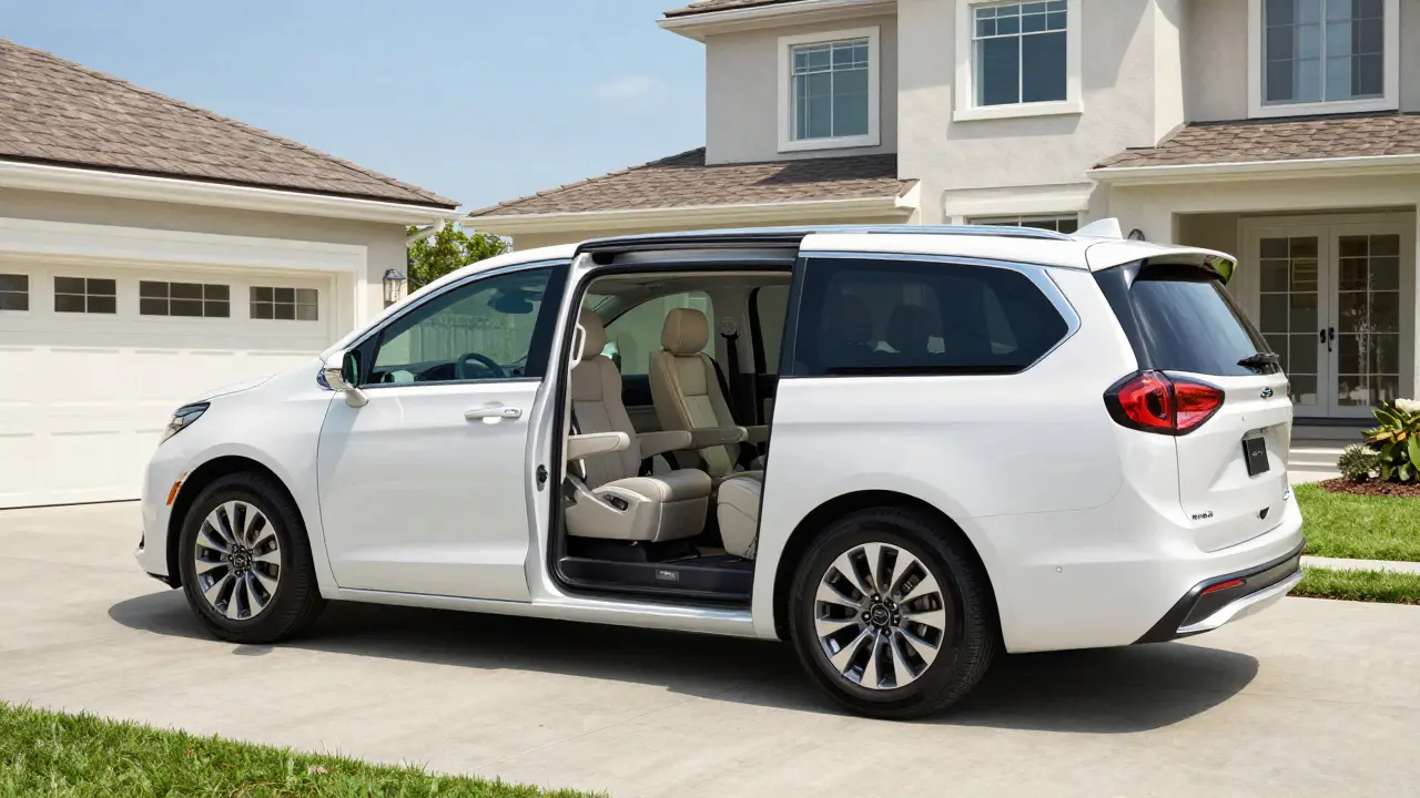 Moderní rodinný minivan Chrysler Pacifica s otevřenými posuvnými dveřmi.