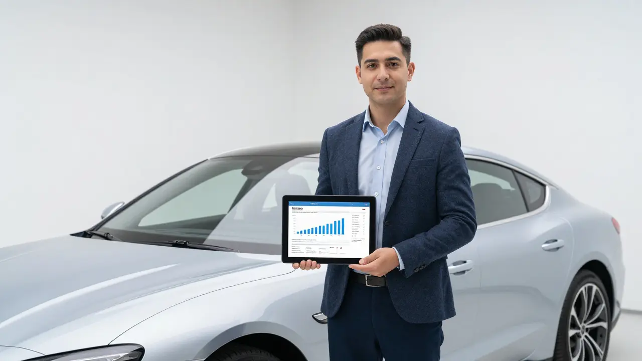 Soudní znalec s tabletem provádí odborné ohodnocení hodnoty vozu v garáži.