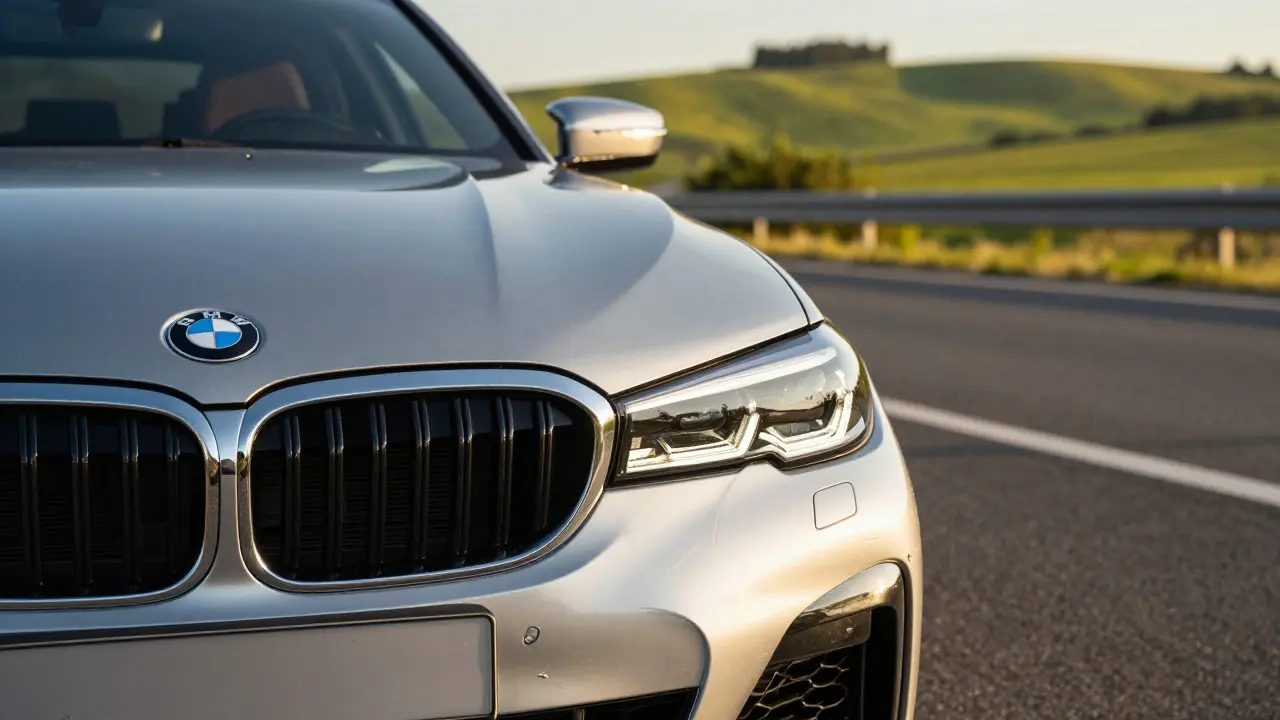 Stříbré BMW řada 3 zaparkované u německé dálnice během zlaté hodiny.