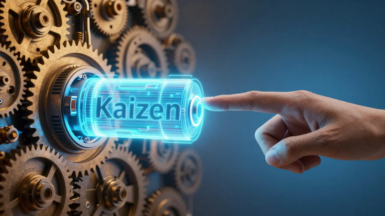 Symbolické spojení mechanických součástek a elektrických baterií reprezentující filozofii Kaizen.