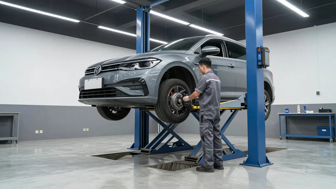 Volkswagen na zvedáči v moderním autoservisu při kontrole brzd.